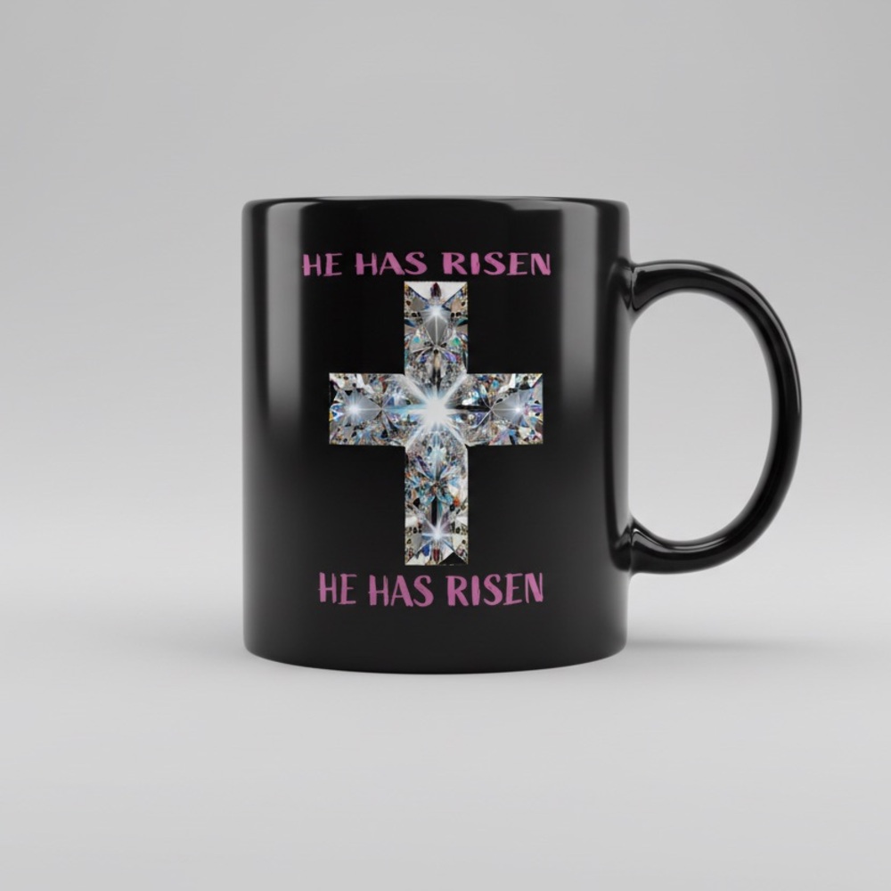 Black 'He Has Risen' Cross Mug